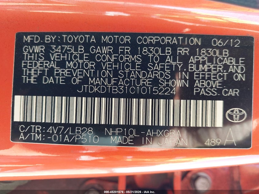 2012 Toyota Prius C Four VIN: JTDKDTB31C1015224 Lot: 45201576