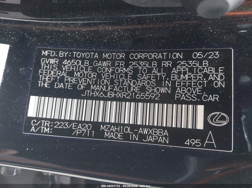 2024 Lexus Ux 250H VIN: JTHX6JBHXR2165592 Lot: 45201732