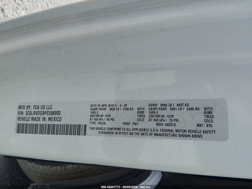2023 Ram Promaster 2500 High Roof 159 Wb VIN: 3C6LRVDG9PE598993 Lot: 45201773