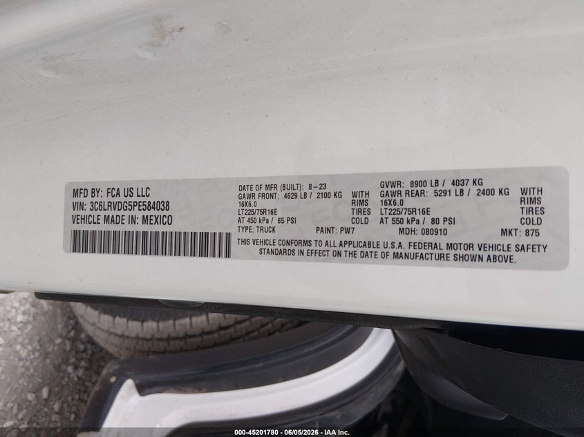 2023 Ram Promaster 2500 High Roof 159 Wb VIN: 3C6LRVDG5PE584038 Lot: 45201780