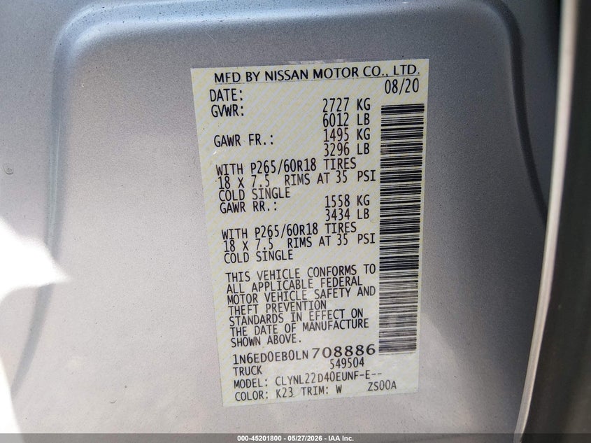 VIN 1N6ED0EB0LN708886 2020 NISSAN FRONTIER SV 4X4