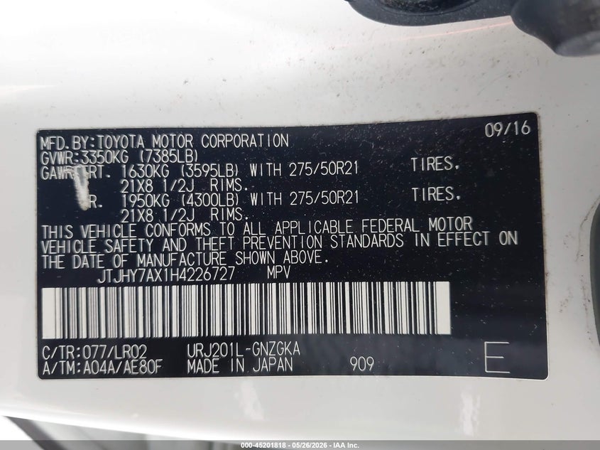 2017 Lexus Lx 570 VIN: JTJHY7AX1H4226727 Lot: 45201818