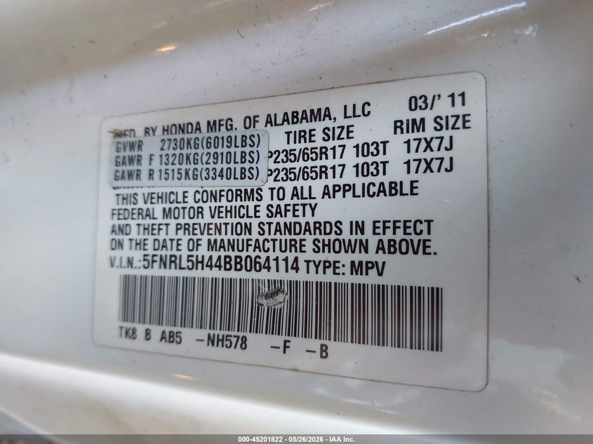 2011 Honda Odyssey 3.5 Ex white Lot 111045201822 Vin 5FNRL5H44BB064114