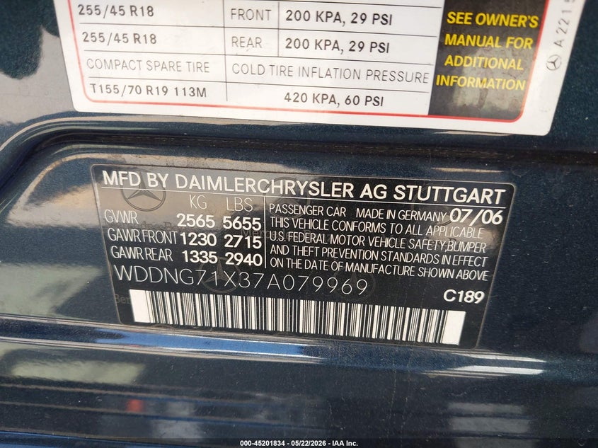 2007 Mercedes-Benz S 550 VIN: WDDNG71X37A079969 Lot: 45201834