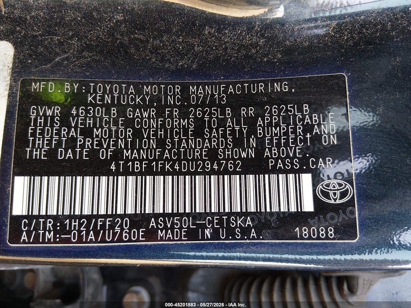 2013 TOYOTA CAMRY SEDAN 2.5L I-4 DOHC, VVT, 173HP