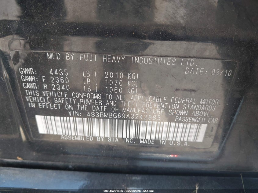 2010 Subaru LEGACY 2.5 2.5I Premium black Lot 111045201886 Vin 4S3BMBG69A3242885
