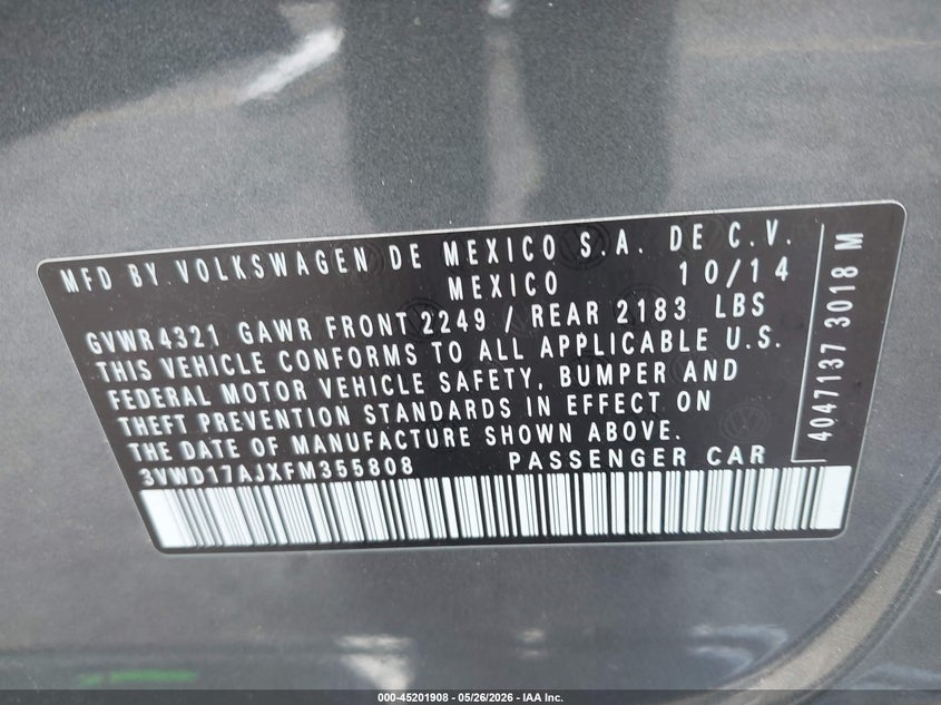 2015 Volkswagen Jetta 1.8T Se VIN: 3VWD17AJXFM355808 Lot: 45201908