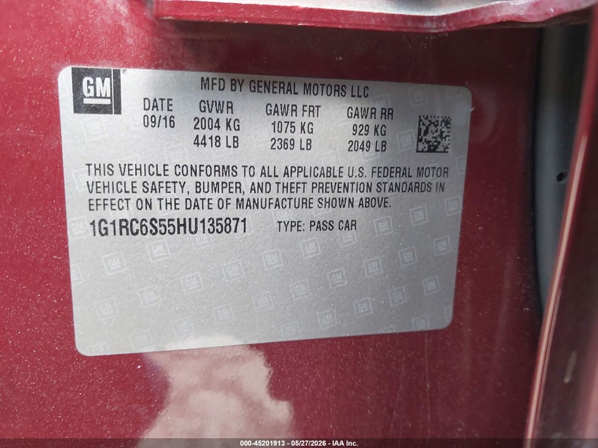 2017 Chevrolet Volt Lt VIN: 1G1RC6S55HU135871 Lot: 45201913