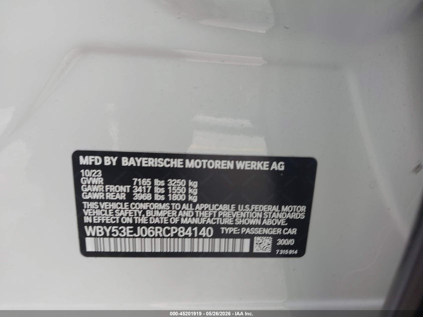 2024 BMW I7 xDrive60 VIN: WBY53EJ06RCP84140 Lot: 45201919