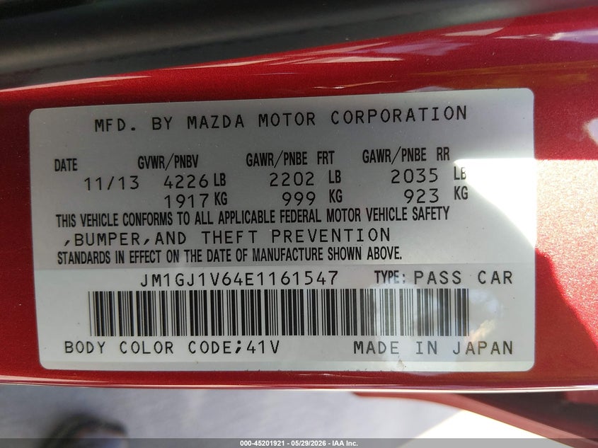 2014 Mazda Mazda6 I Touring VIN: JM1GJ1V64E1161547 Lot: 45201921