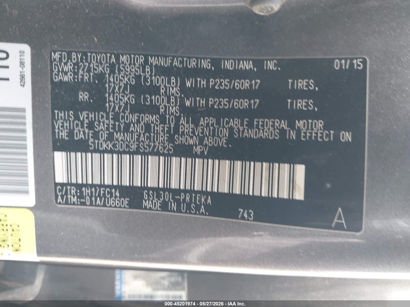 2015 TOYOTA SIENNA VAN 3.5L V-6 DOHC, VVT, 266HP