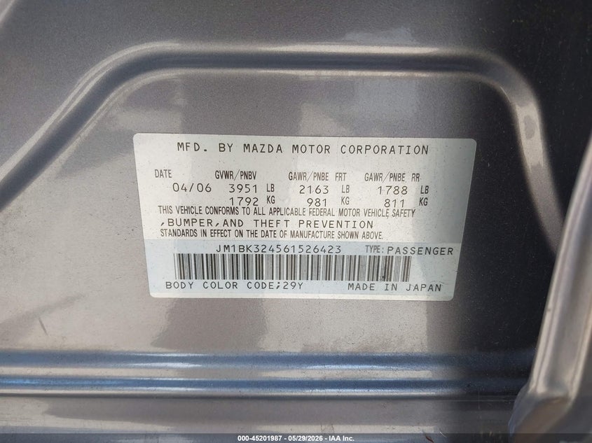 2006 Mazda Mazda3 S Touring VIN: JM1BK324561526423 Lot: 45201987