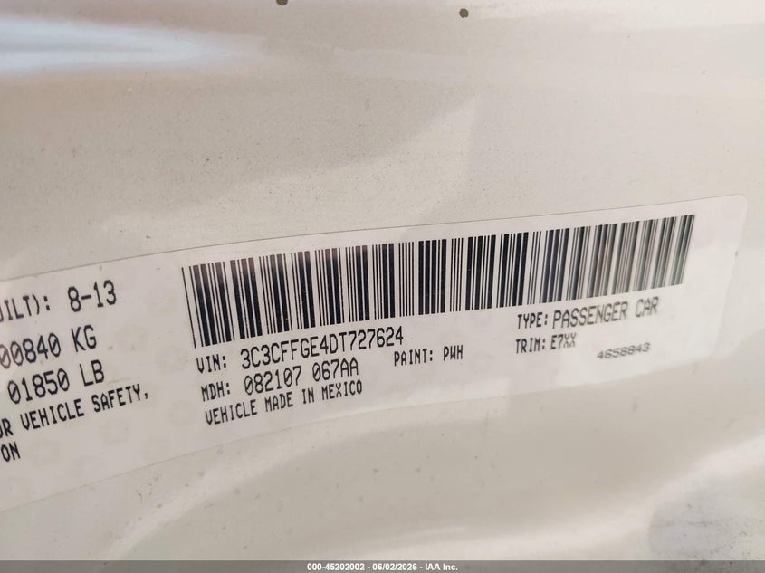 2013 Fiat 500E Battery Electric VIN: 3C3CFFGE4DT727624 Lot: 45202002