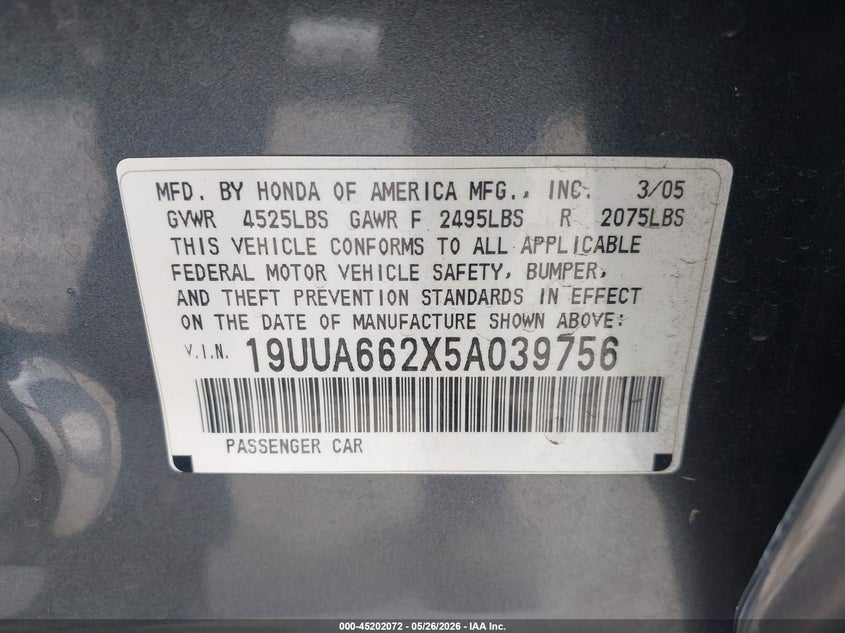 2005 Acura Tl VIN: 19UUA662X5A039756 Lot: 45202072