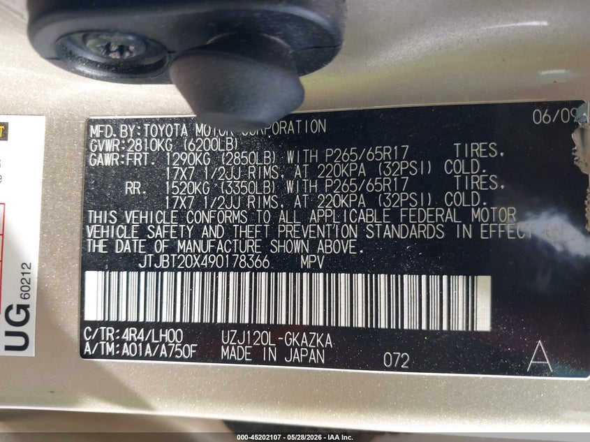 2009 Lexus Gx 470 VIN: JTJBT20X490178366 Lot: 45202107