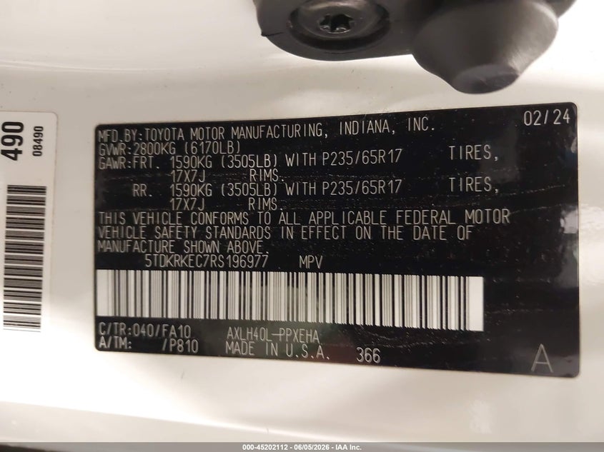 2024 Toyota Sienna Le VIN: 5TDKRKEC7RS196977 Lot: 45202112
