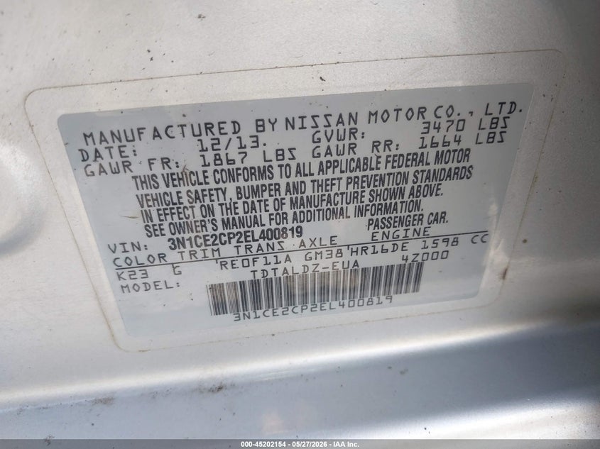 2014 NISSAN NOTE HATCHBACK 1.6L I-4 DOHC, VVT, 109HP