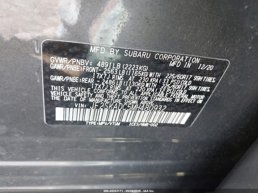 2021 Subaru Forester VIN: JF2SKADC5MH480932 Lot: 45202171