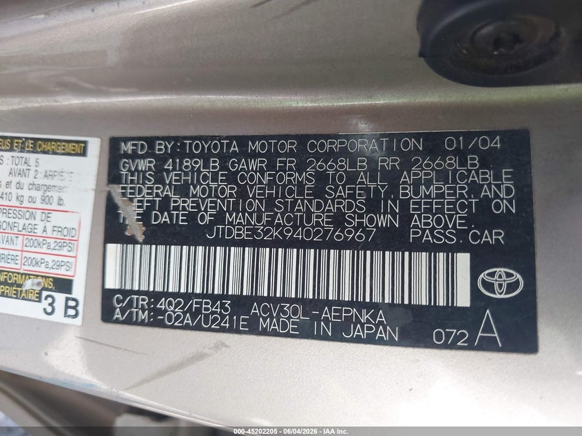 2004 Toyota Camry Le/Xle VIN: JTDBE32K940276967 Lot: 45202205
