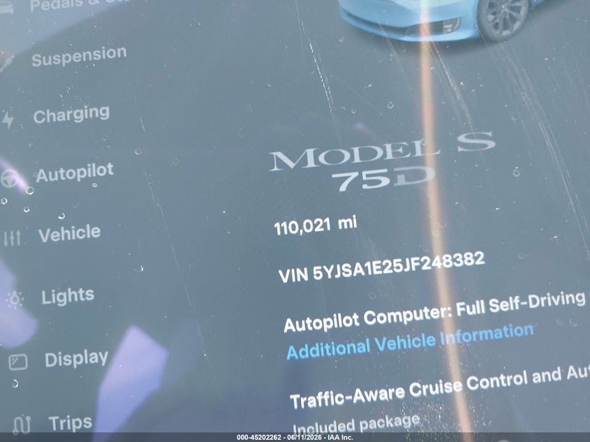 2018 Tesla Model S 100D/75D/P100D VIN: 5YJSA1E25JF248382 Lot: 45202262