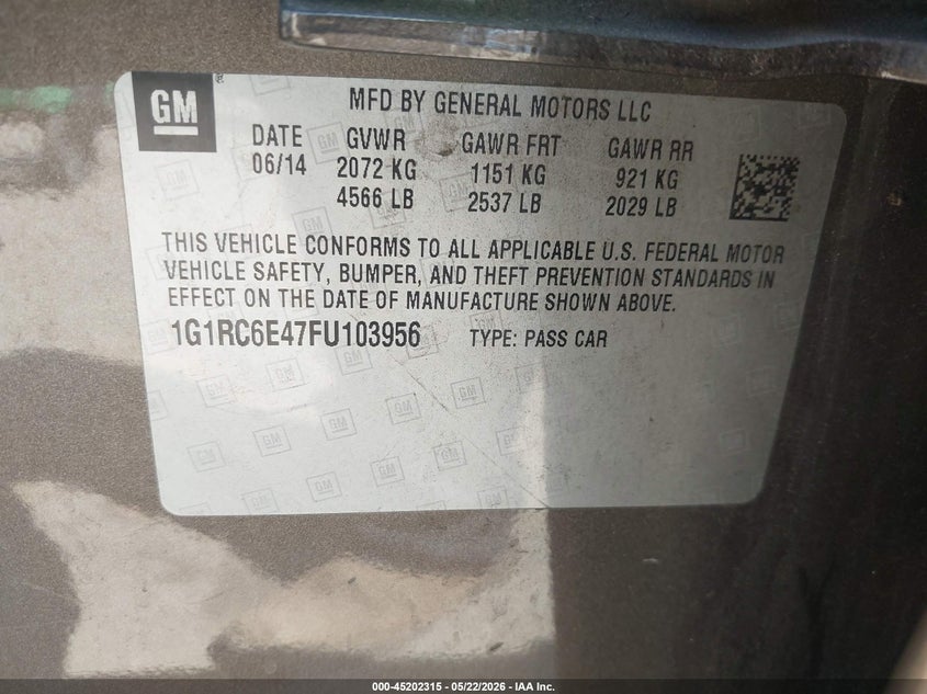 2015 Chevrolet Volt VIN: 1G1RC6E47FU103956 Lot: 45202315