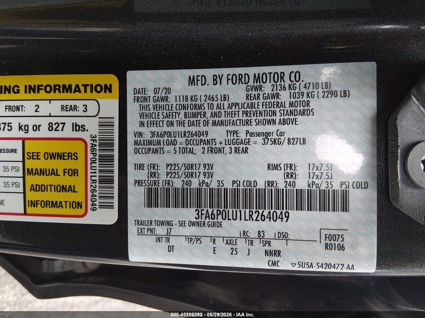2020 FORD FUSION SEDAN 2.0L I-4 DOHC, VVT, 141HP
