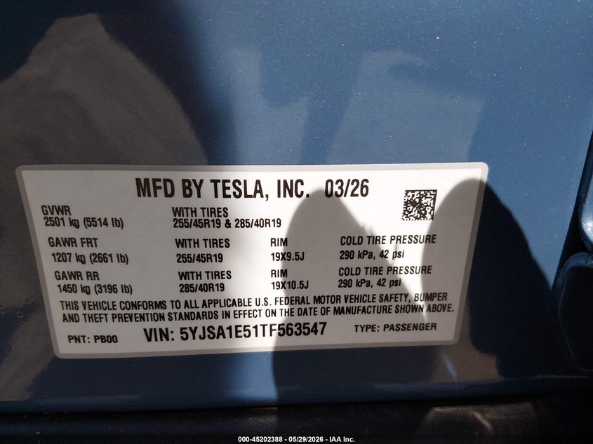 2026 Tesla Model S All-Wheel Drive VIN: 5YJSA1E51TF563547 Lot: 45202388