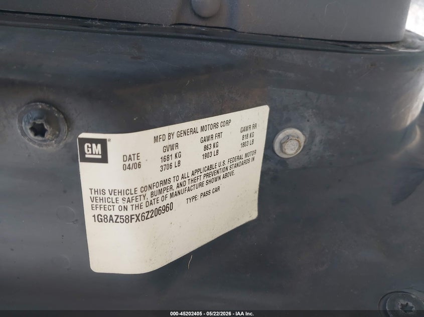 SATURN ION 2006 VIN 1G8AZ58FX6Z206960