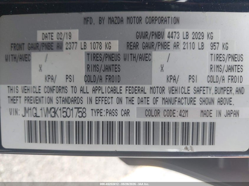 2019 Mazda Mazda6 Touring VIN: JM1GL1VM3K1501758 Lot: 45202412
