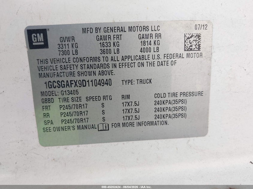 2013 Chevrolet Express 1500 Work Van VIN: 1GCSGAFX9D1104940 Lot: 45202424