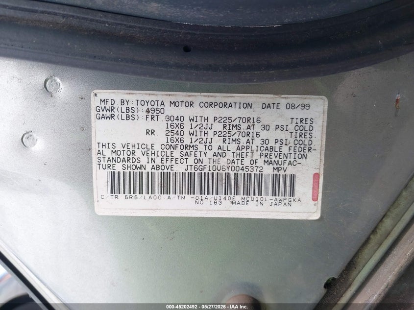 2000 Lexus Rx 300 VIN: JT6GF10U6Y0045372 Lot: 45202492