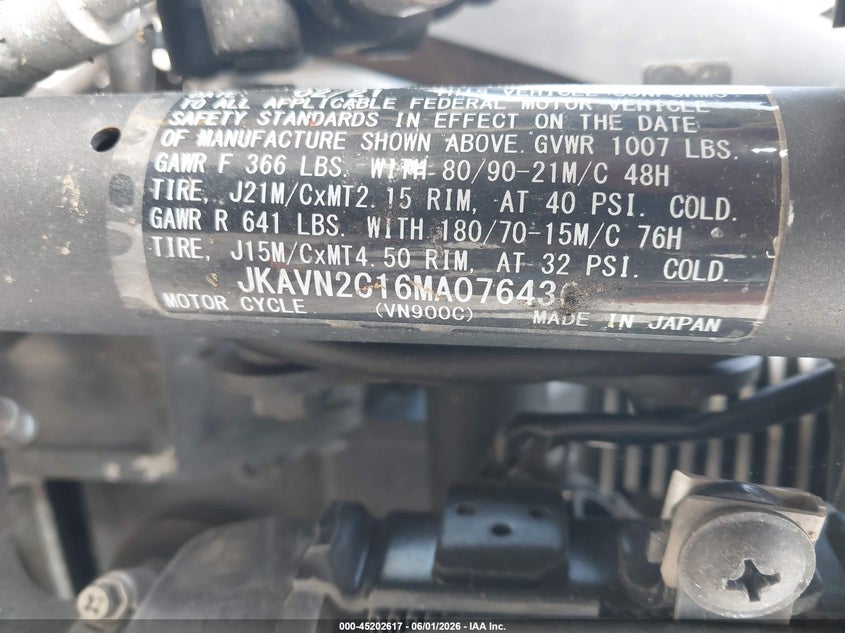 2021 Kawasaki Vn900 C VIN: JKAVN2C16MA076436 Lot: 45202617