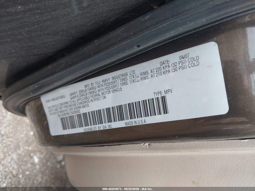 2008 Subaru Outback 3.0R L.l. Bean Edition VIN: 4S4BP86C784306262 Lot: 45202673
