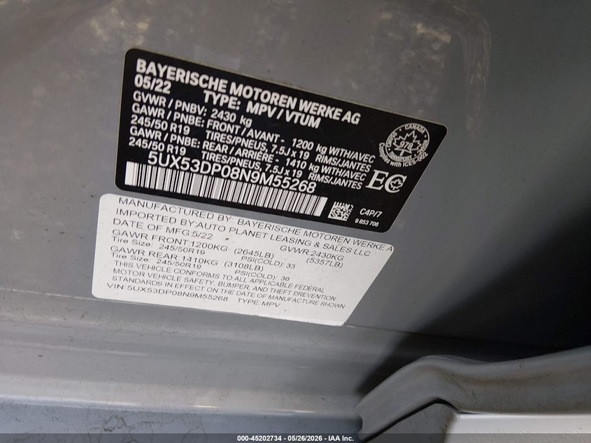 2022 BMW X3 2.0L I-4 DI, DOHC, V(VIN: 5UX53DP08N9M55268