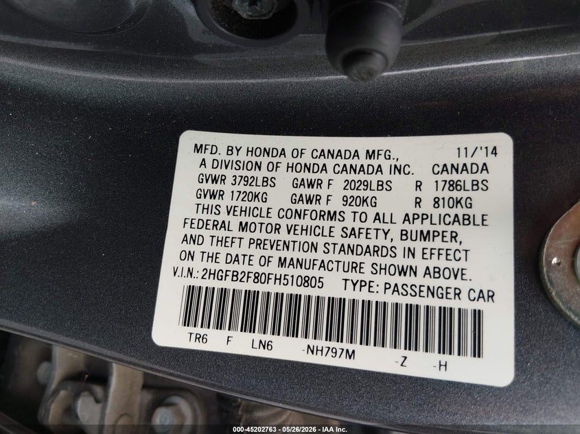 2015 HONDA CIVIC SEDAN 1.8L I-4 VVT, 143HP