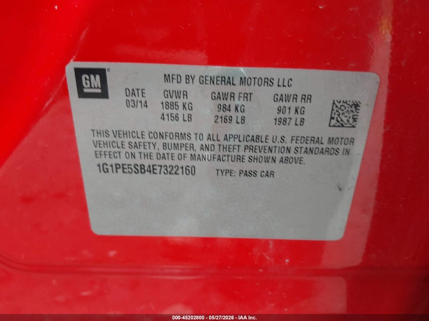 2014 Chevrolet Cruze 2Lt Auto VIN: 1G1PE5SB4E7322160 Lot: 45202800