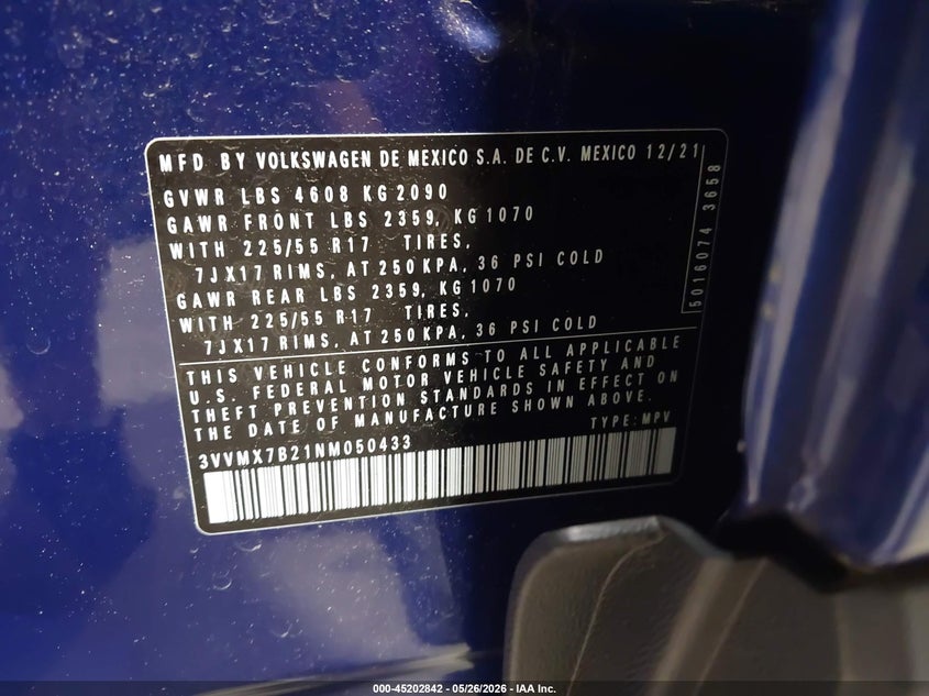 2022 Volkswagen Taos 1.5T S VIN: 3VVMX7B21NM050433 Lot: 45202842