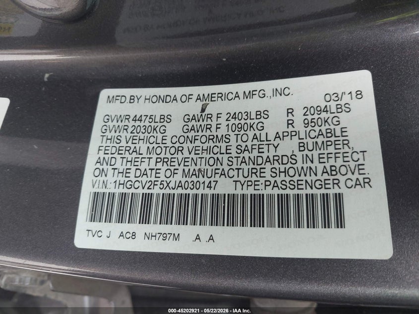 2018 HONDA ACCORD SEDAN 2.0L I-4 DI, DOHC, VVT, TURBO, 252HP
