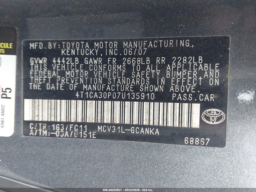 2007 Toyota Camry Solara Sport V6 VIN: 4T1CA30P07U135910 Lot: 45202937