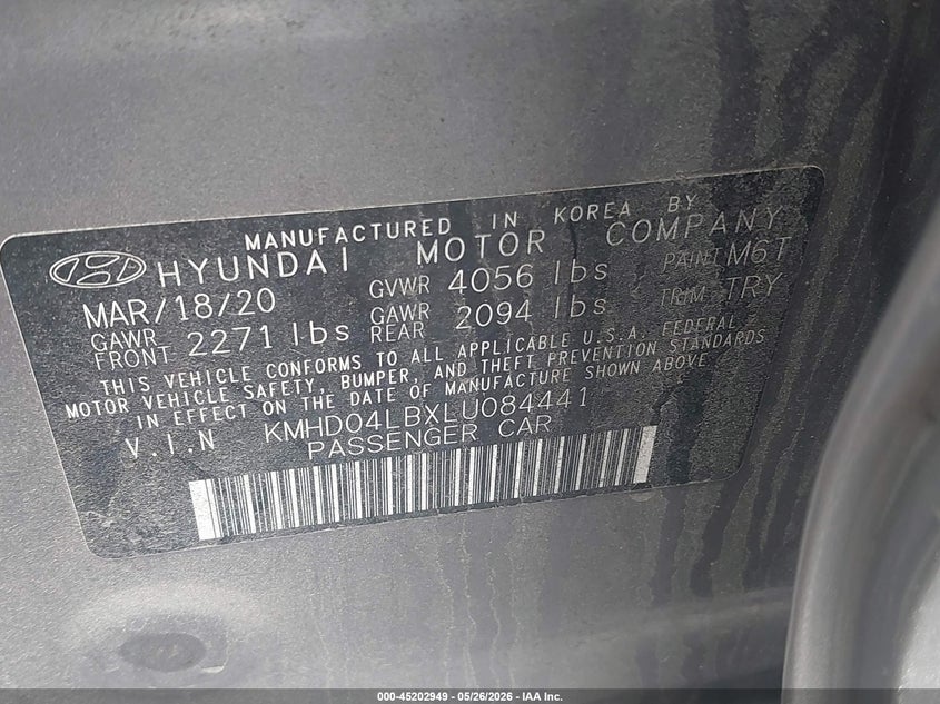 VIN KMHD04LBXLU084441 2020 HYUNDAI ELANTRA SPORT