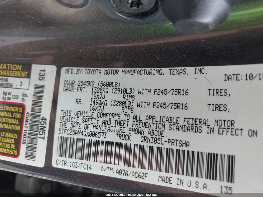 2016 Toyota Tacoma Sr5 V6 VIN: 5TFCZ5AN4GX006573 Lot: 45202962