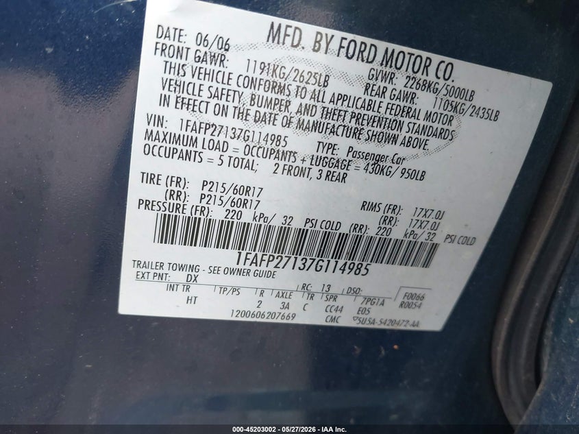 2007 Ford Five Hundred Sel VIN: 1FAFP27137G114985 Lot: 45203002