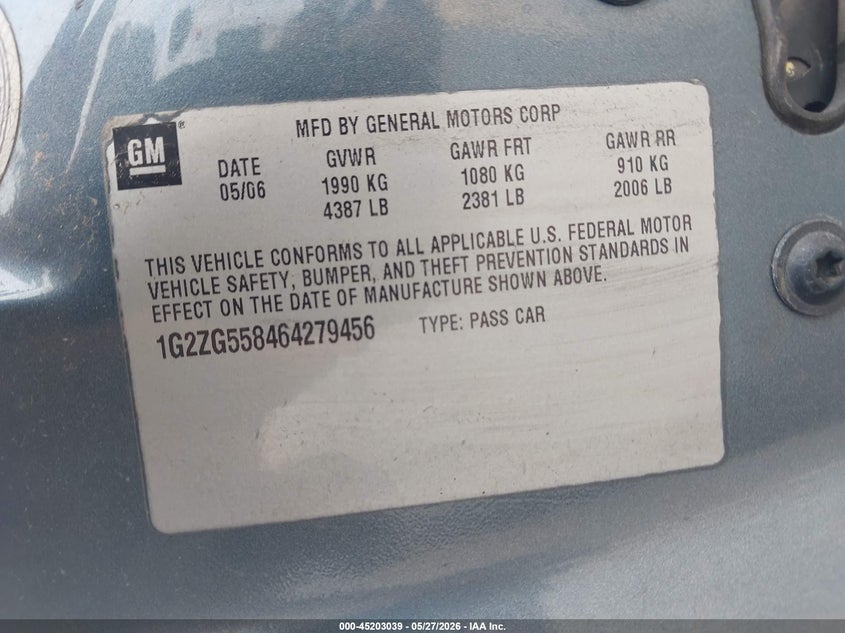 2006 Pontiac G6 VIN: 1G2ZG558464279456 Lot: 45203039