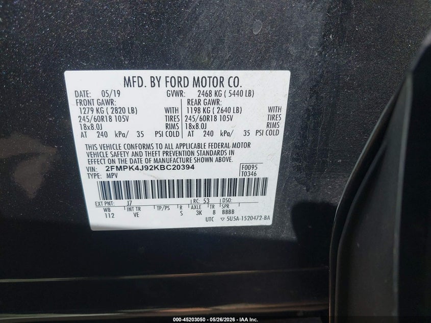 VIN 2FMPK4J92KBC20394 2019 FORD EDGE SEL