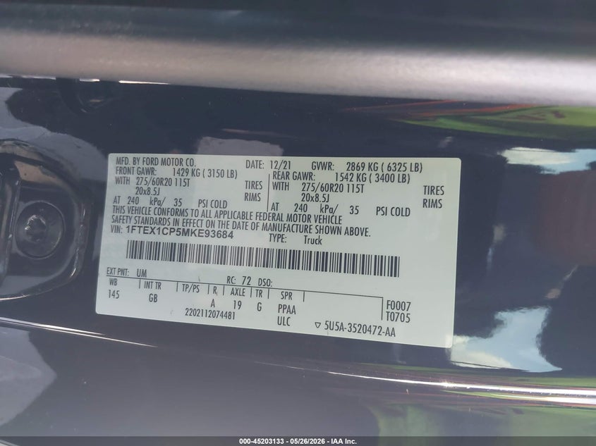 VIN 1FTEX1CP5MKE93684 2021 FORD F-150 XL