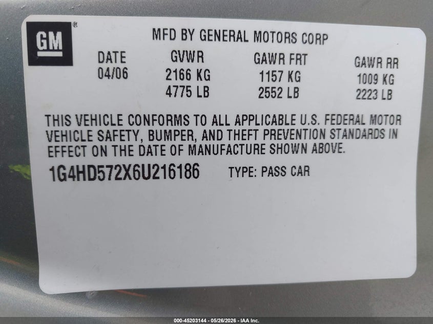 2006 Buick Lucerne Cxl VIN: 1G4HD572X6U216186 Lot: 45203144