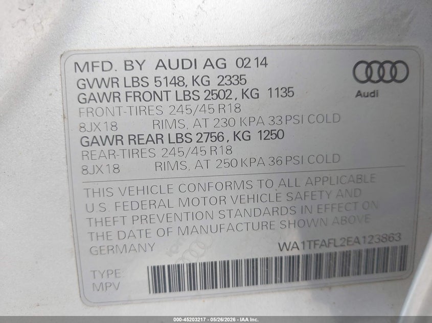 2014 Audi Allroad 2.0T Premium VIN: WA1TFAFL2EA123863 Lot: 45203217
