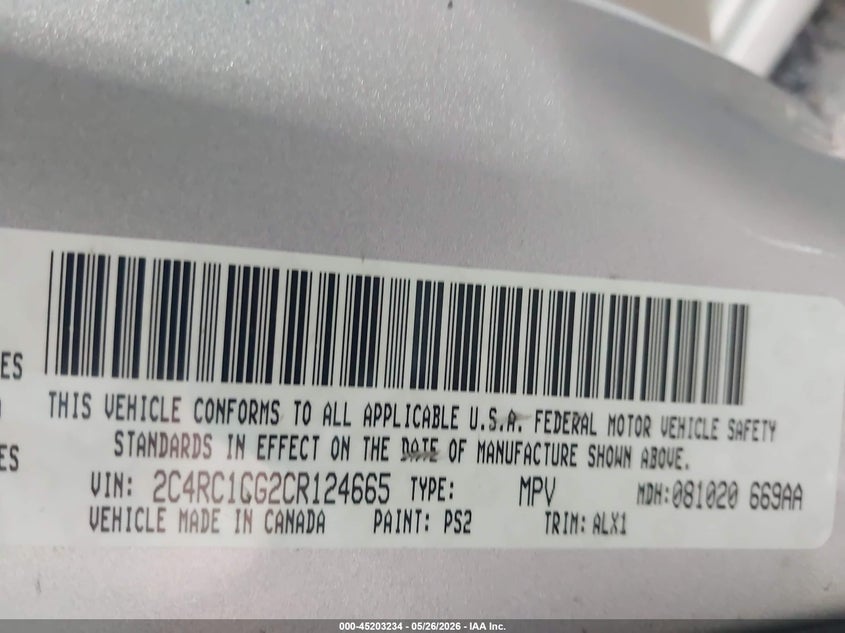 2012 Chrysler Town & Country Touring-L VIN: 2C4RC1CG2CR124665 Lot: 45203234