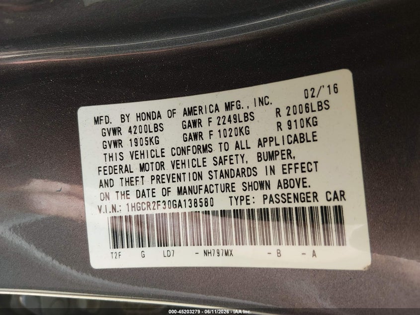 2016 Honda Accord Lx VIN: 1HGCR2F30GA138580 Lot: 45203279