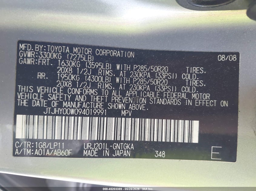 2009 Lexus Lx 570 VIN: JTJHY00W094019991 Lot: 45203389
